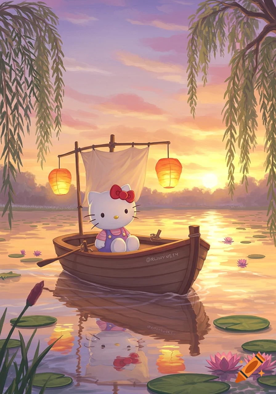 Hello Kitty in a boat with lanterns on a tranquil lake at sunset, surrounded by water lilies and willow trees, in a colorful illustration style.