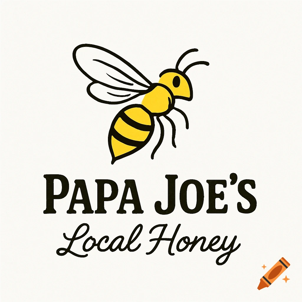A simple yellow and black line art logo featuring a bee above the text "PAPA JOE'S Local Honey" on a white background.
