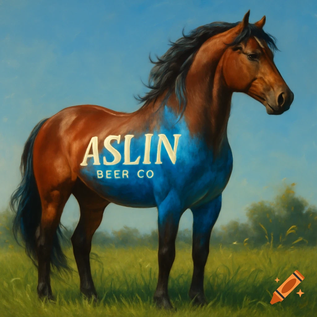 A brown horse with a blue dyed chest and mane stands in a green field under a blue sky. The text "ASLIN BEER CO" is written in white on its chest.