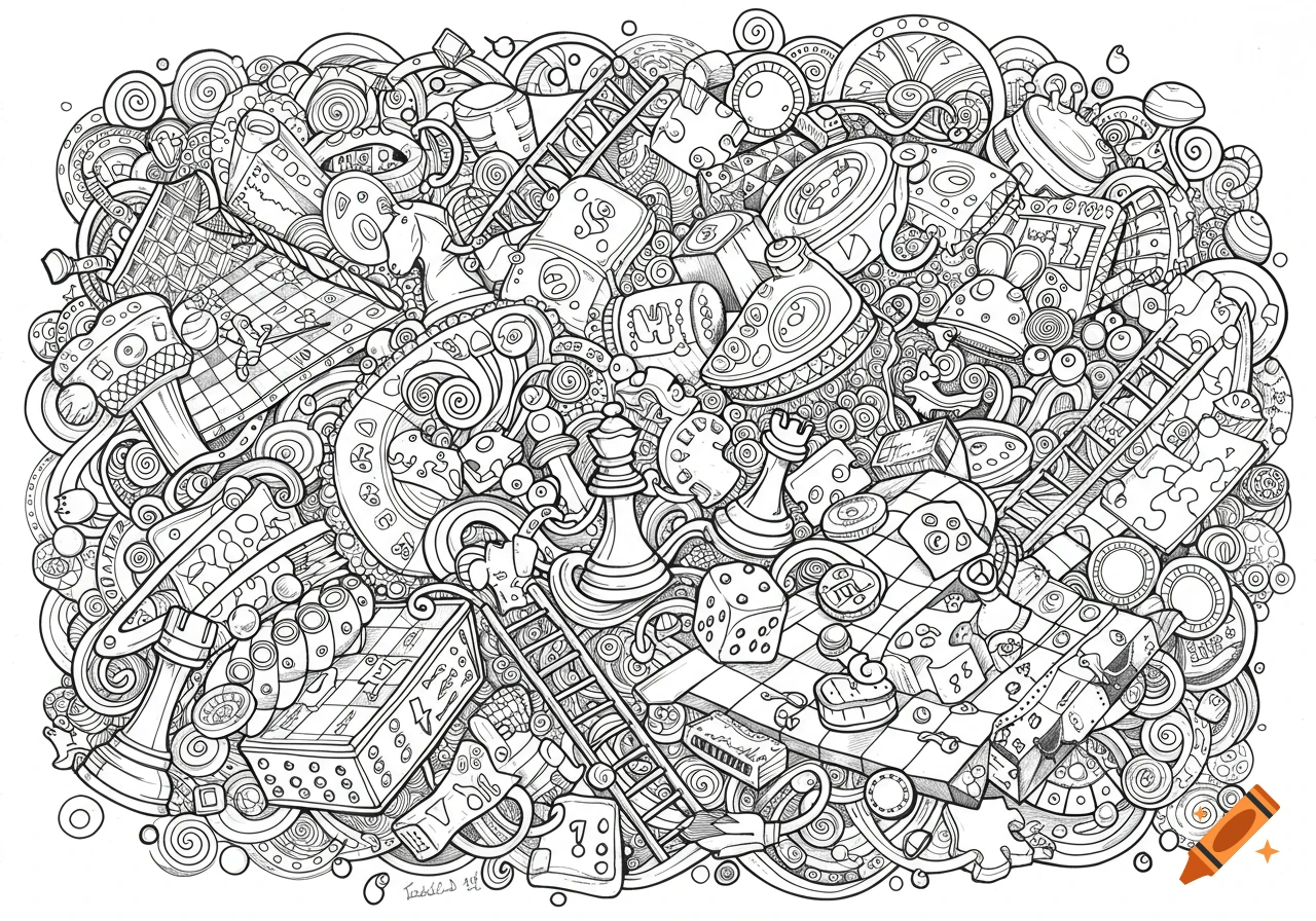 Black and white doodle art of intertwined board game pieces including chess figures, dice, and game boards.