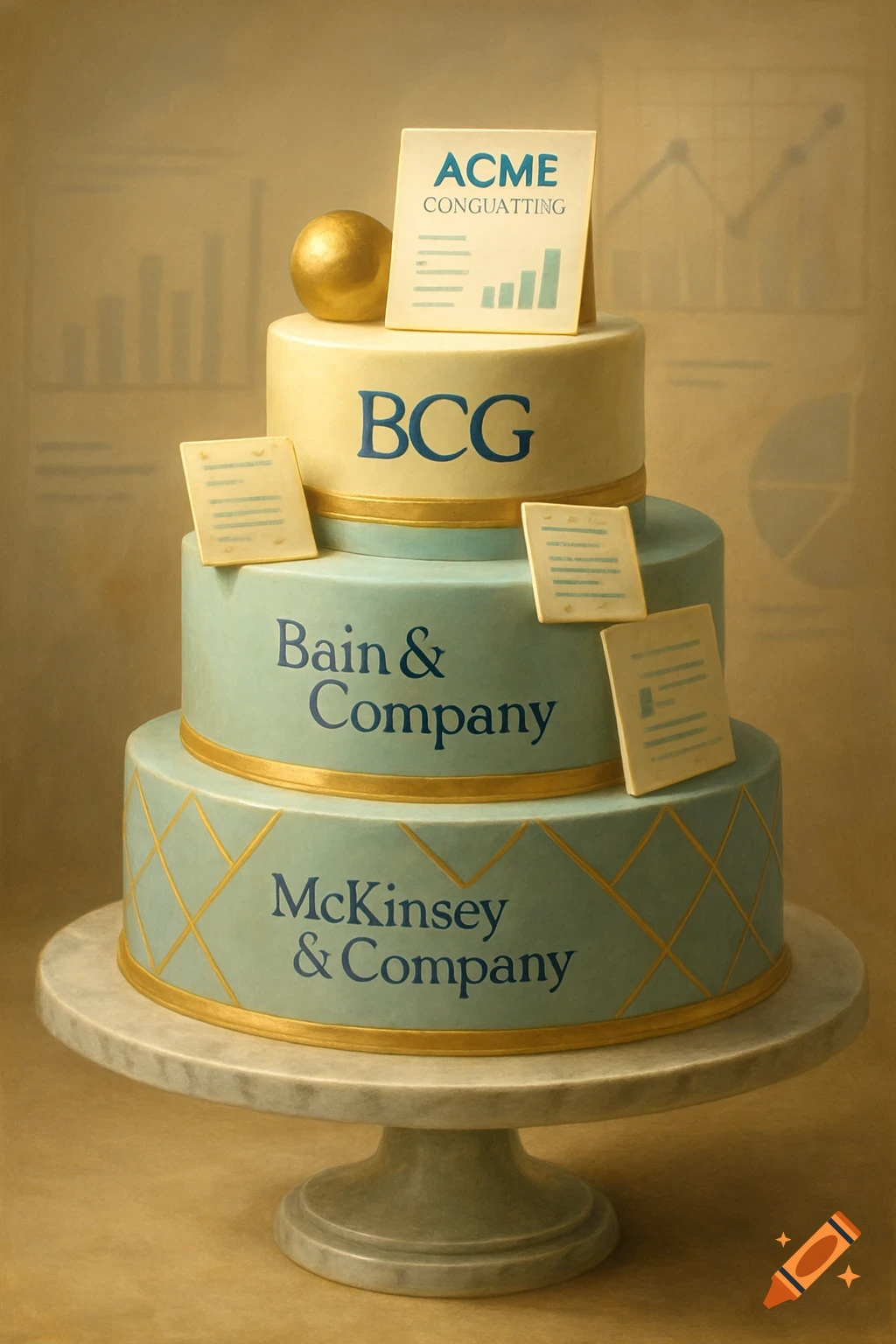 A three-tiered cake featuring the names BCG, Bain & Company, and McKinsey & Company on its layers, with a card reading ACME CONGUATTING on top.