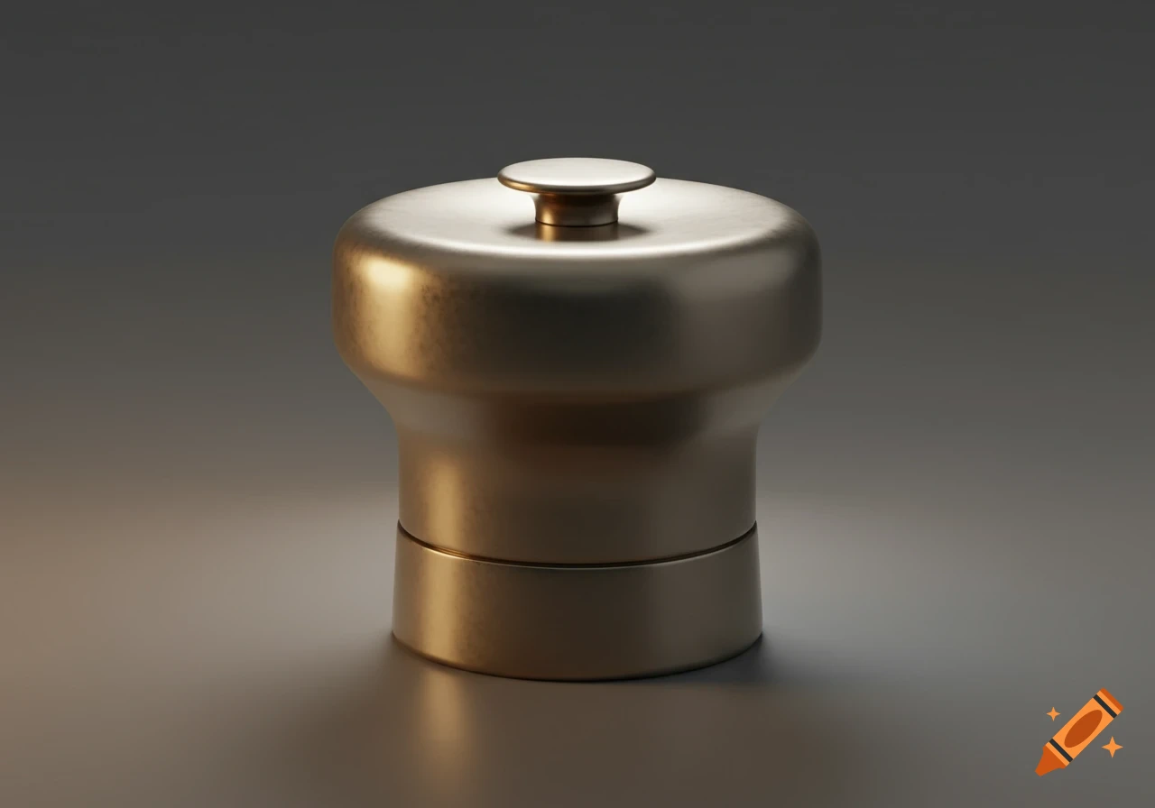 A photorealistic image of a metallic, cylindrical object with a knob on top, resembling a pepper grinder, on a dark background.