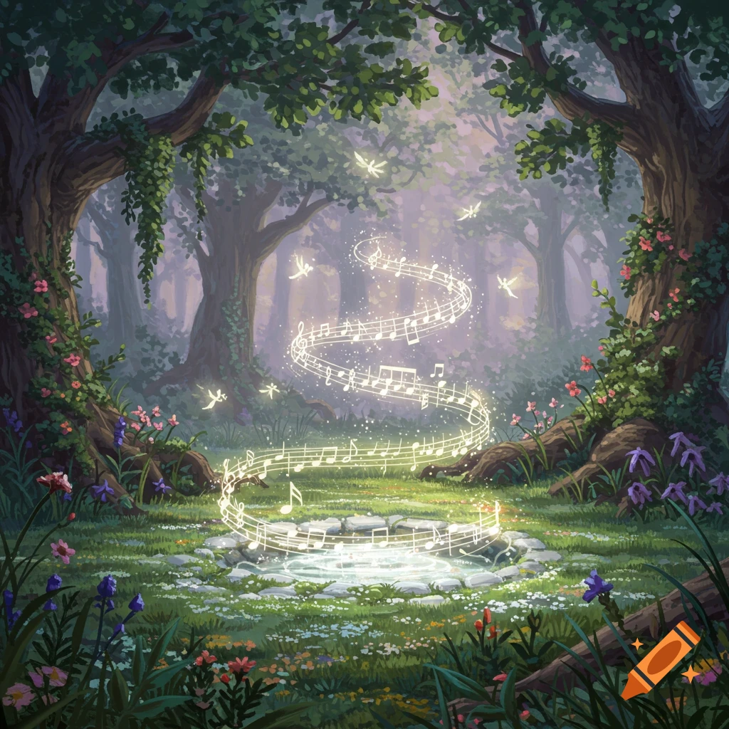 A magical forest clearing with large trees, lush foliage, and colorful wildflowers. Glowing musical notes spiral upwards from a shimmering pool, surrounded by small, ethereal fairies.