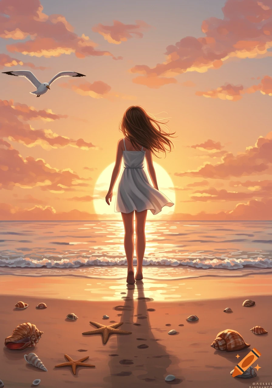 Digital art of a girl standing on a sandy beach at sunset, gazing at the ocean with a seagull overhead and seashells on the sand.