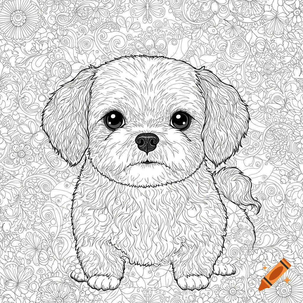 Black and white line drawing of a cute shih tzu puppy with big eyes, sitting against a detailed floral pattern background.