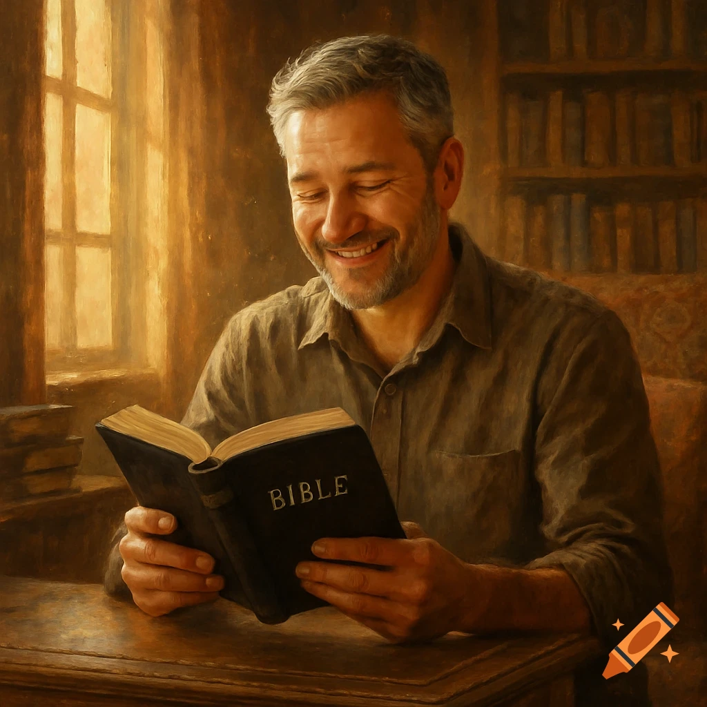 A smiling, gray-haired man reads a black Bible at an old desk in a cozy, sunlit room, depicted in a painted style.