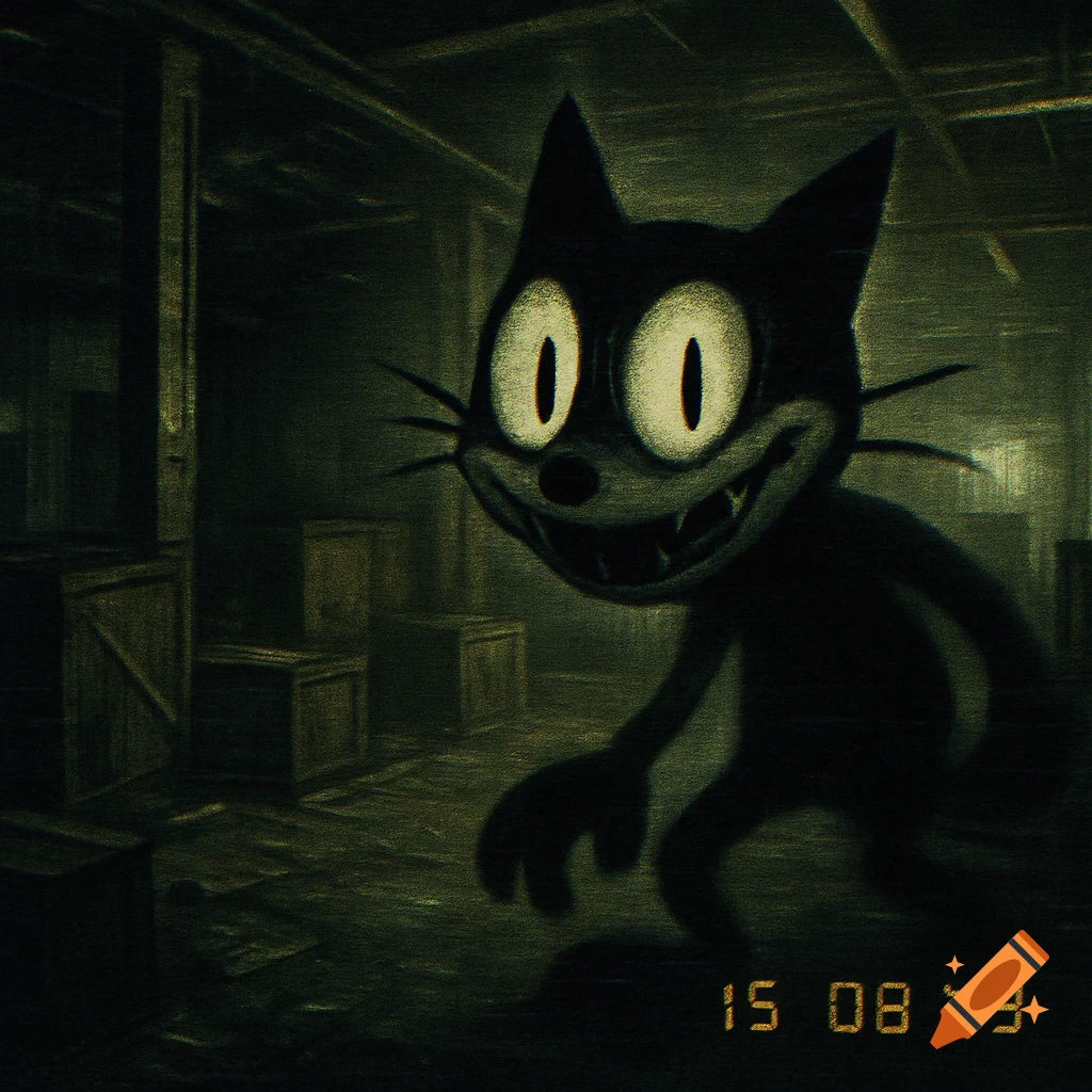 A creepy, vintage black cat with large white eyes and sharp teeth lurks in a dark, grainy, abandoned warehouse.