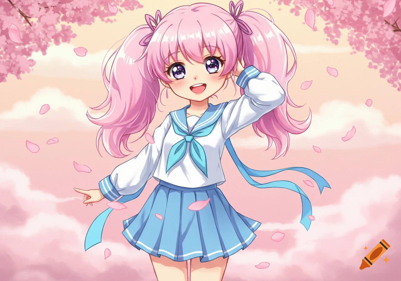 A cute anime girl with pink hair in pigtails, wearing a sailor uniform, stands among falling cherry blossoms.