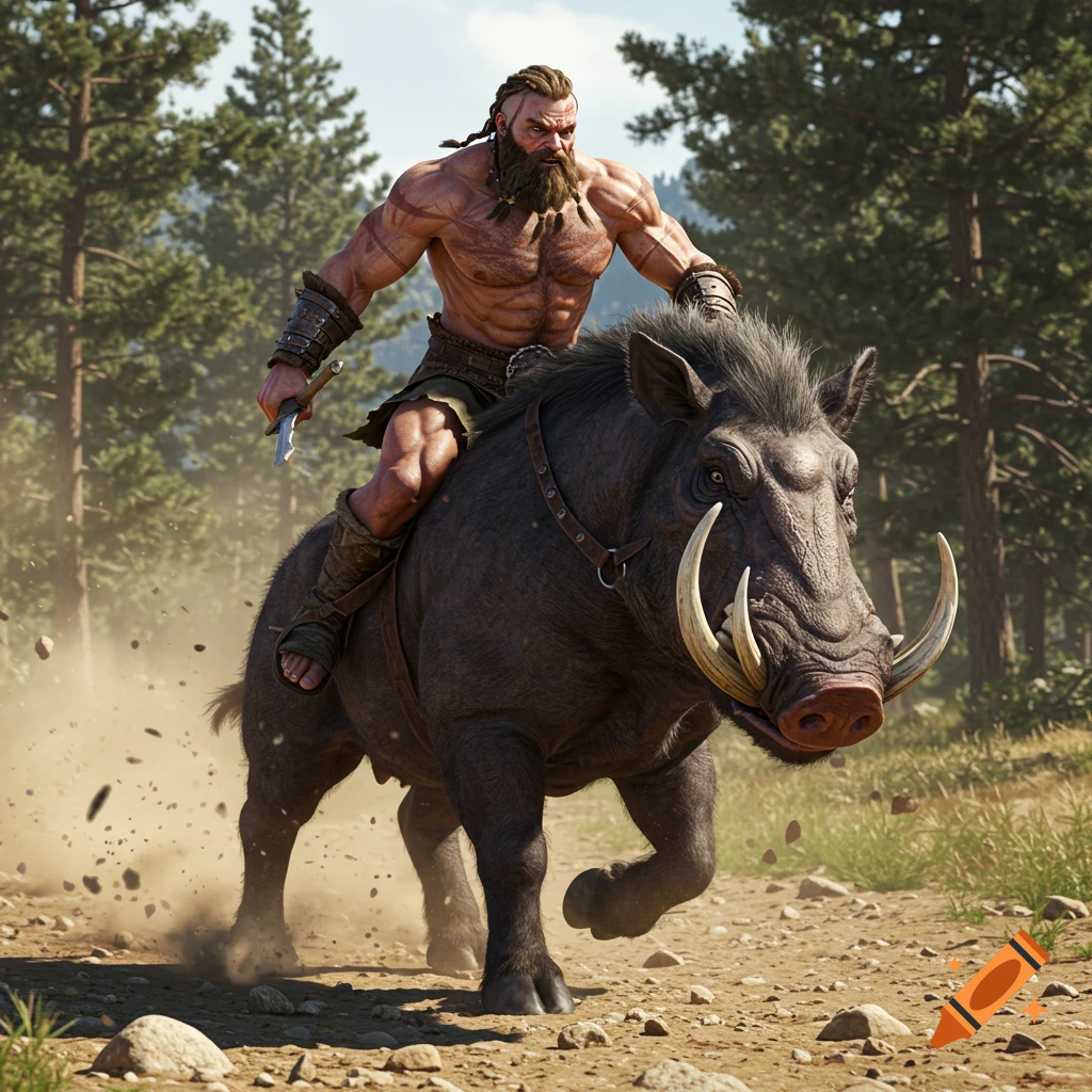 A muscular, bearded warrior rides a large wild boar through a dusty forest path.