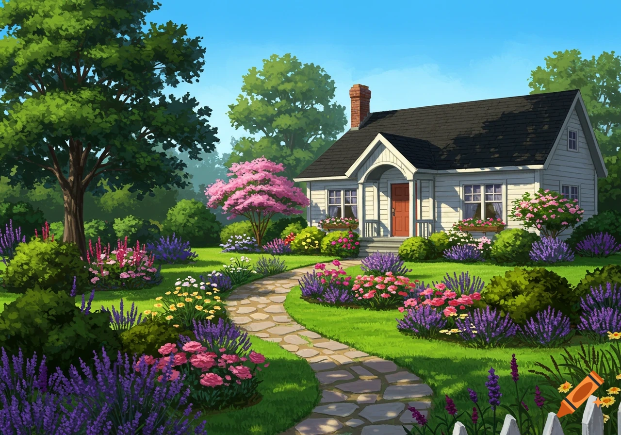 A charming white cottage house with a dark roof, surrounded by a lush garden with a stone path, blooming lavender, pink roses, and a pink flowering tree under a clear blue sky.