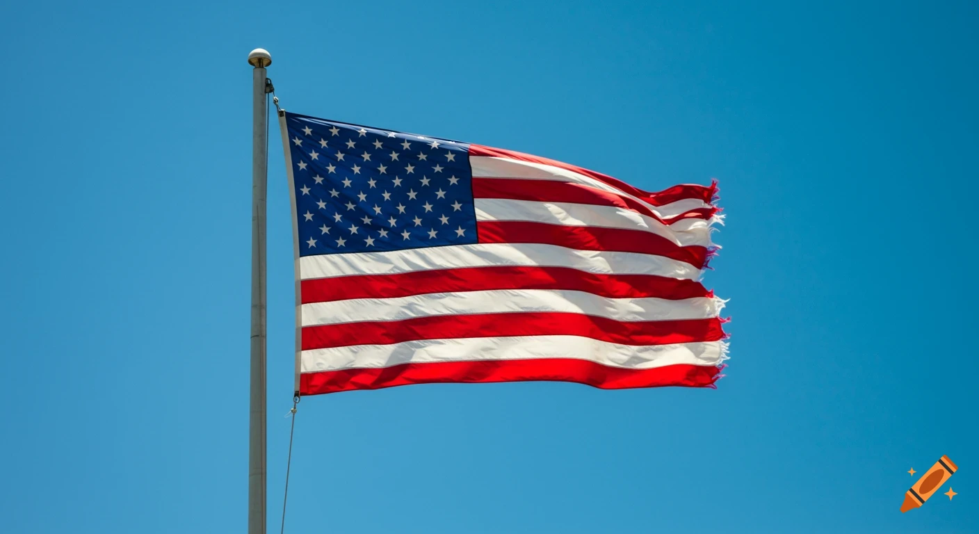 An American flag, tattered at the end, waving against a clear blue sky.