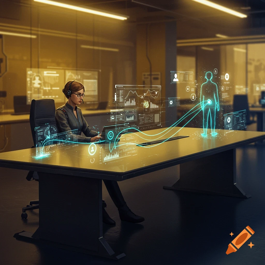A woman in a futuristic office works at a desk, surrounded by glowing holographic data displays and a human outline.