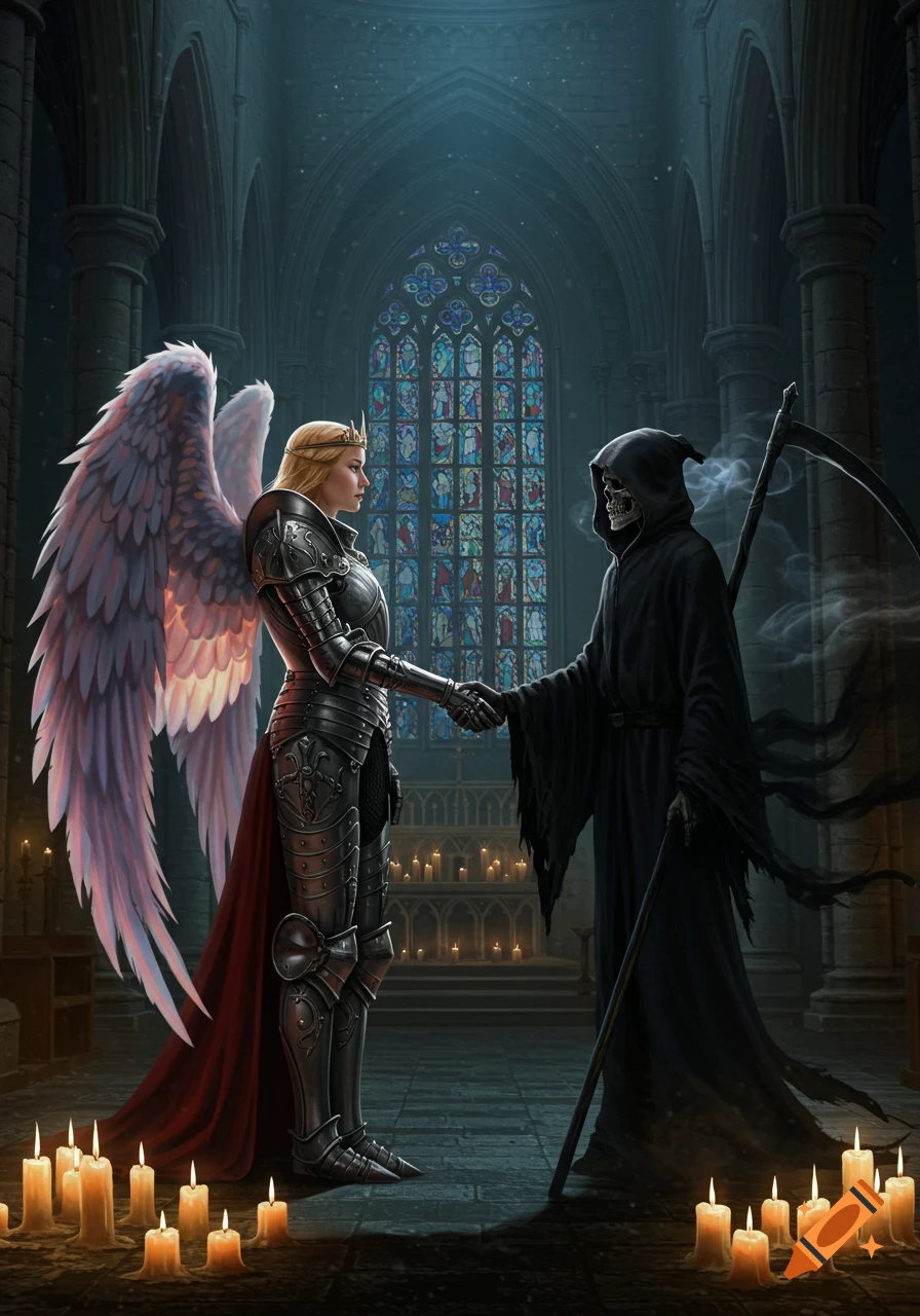 A warrior angel and the Grim Reaper shake hands in a dimly lit gothic church with stained glass windows and many candles.