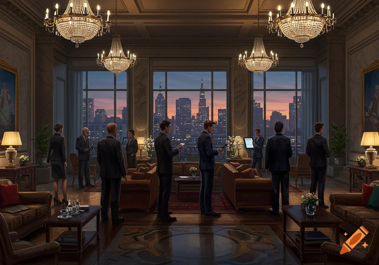A lavish room with large windows overlooking a city skyline at sunset. Several people in business attire are conversing or looking at screens.