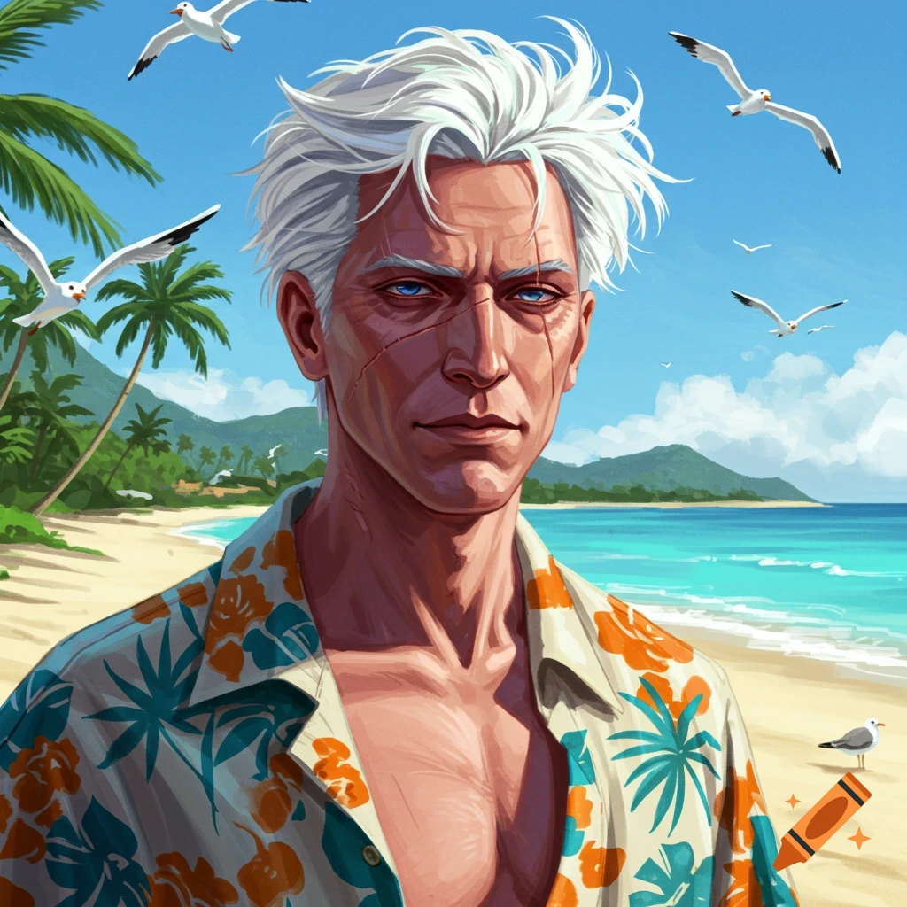 An illustrated white-haired man with scars and blue eyes wears a floral shirt on a sunny beach with palm trees, mountains, and seagulls.