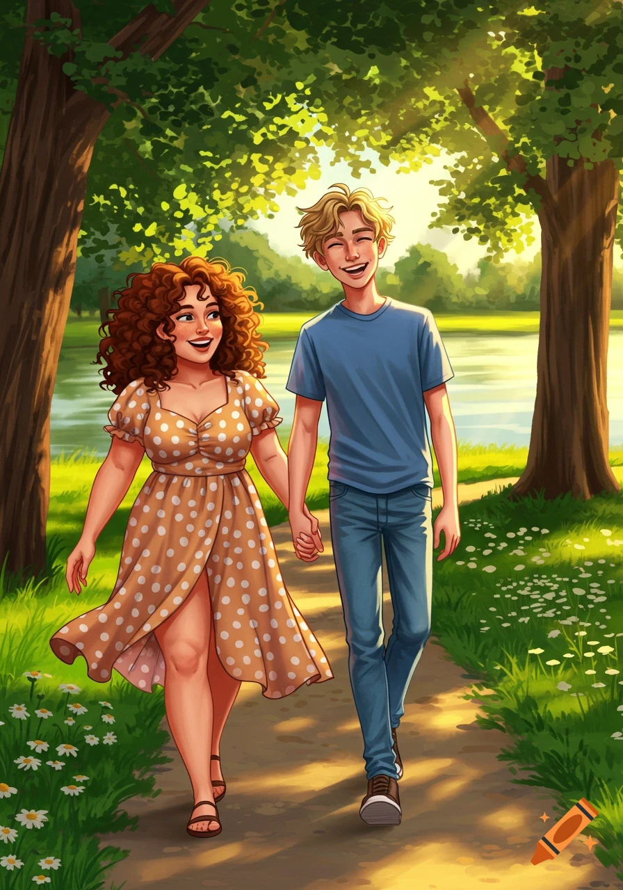 Cartoon couple, a woman with curly hair and a man, holding hands while walking on a sunny path in a park by a lake.