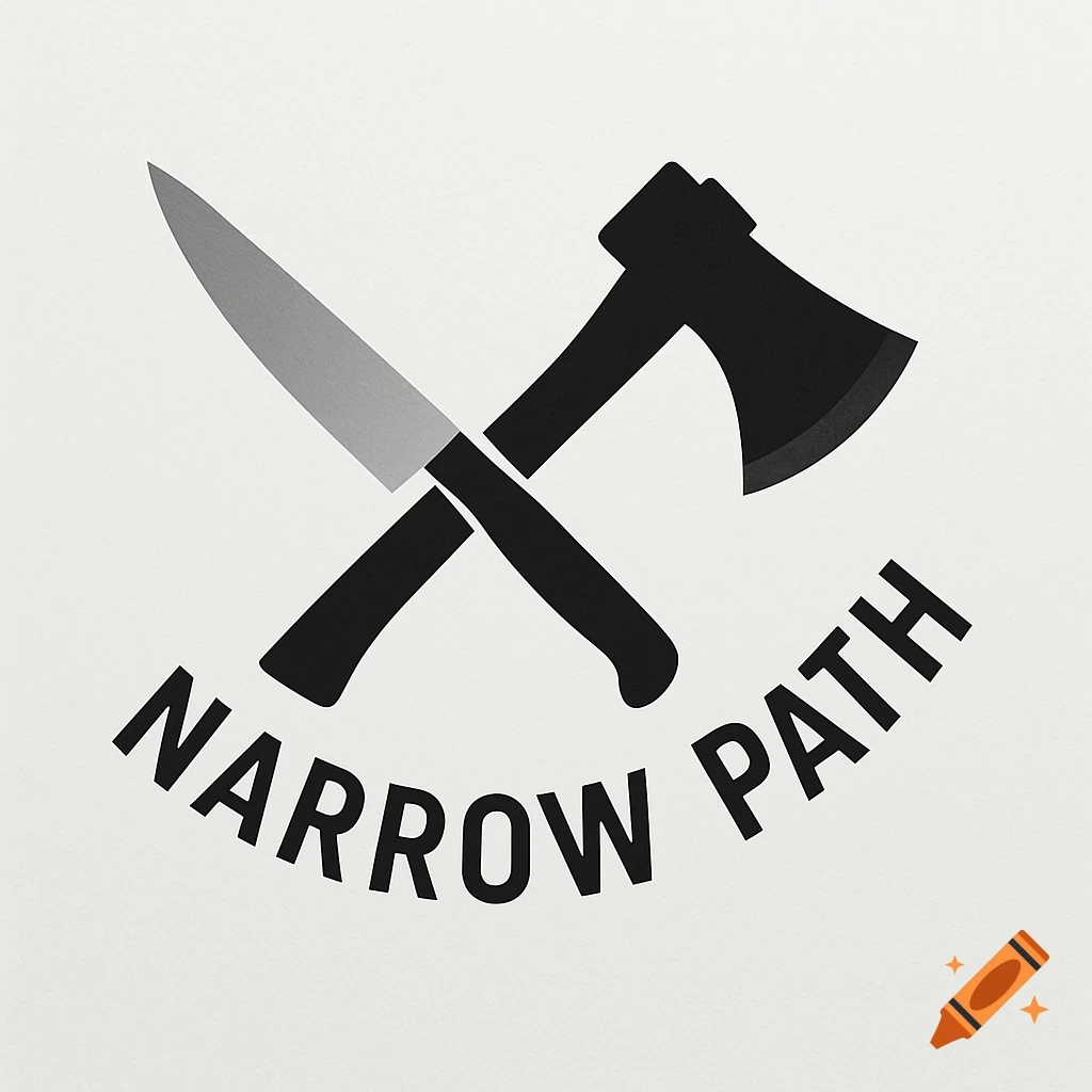A minimalist black and gray logo featuring a crossed knife and a hatchet above the curved words "NARROW PATH" on a light background.