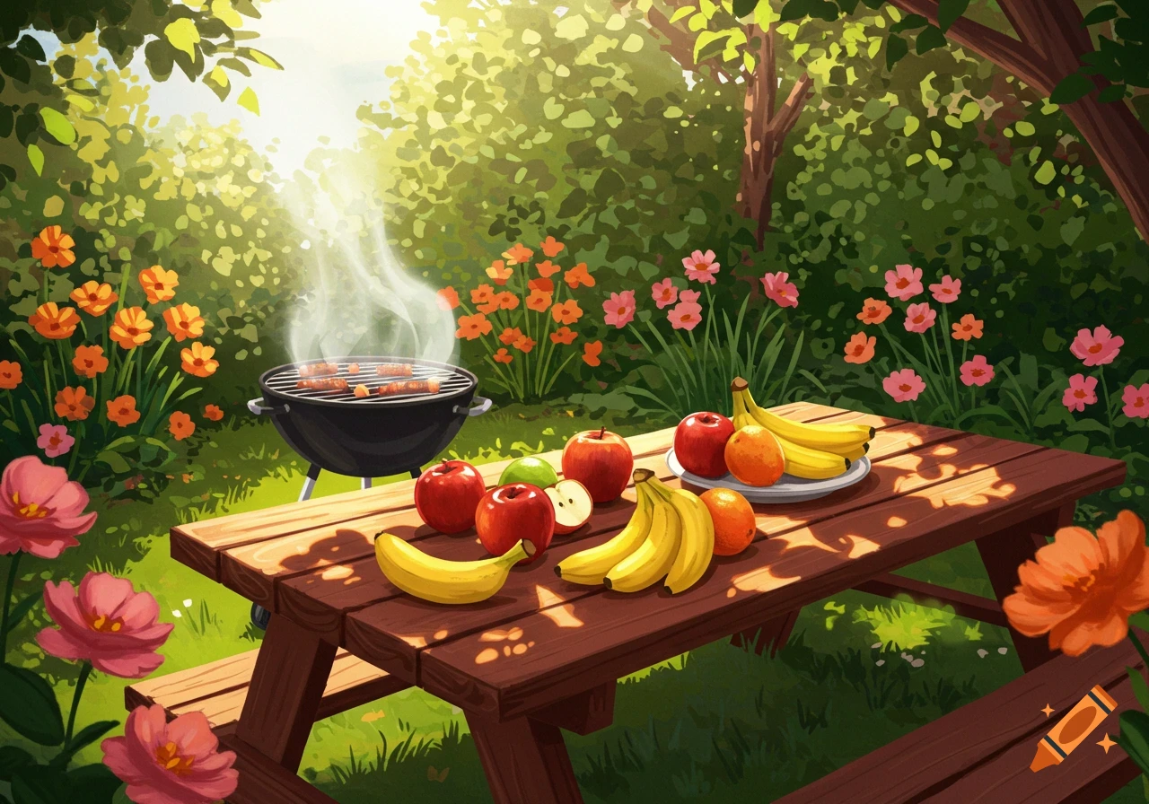 An illustration of a backyard picnic with a smoking BBQ grill, fruit on a wooden table, and colorful flowers under sunny skies.