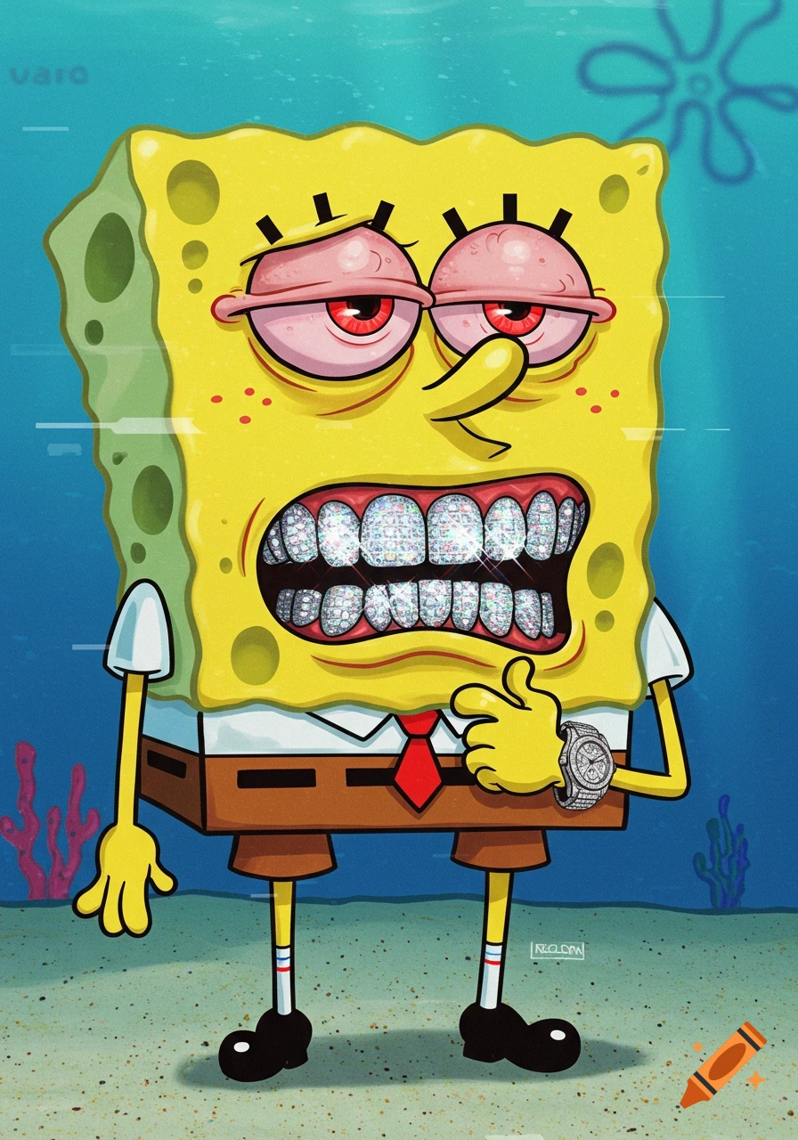 Cartoon Spongebob with bloodshot eyes, diamond grills, and a diamond watch, depicted in a VHS-style illustration.