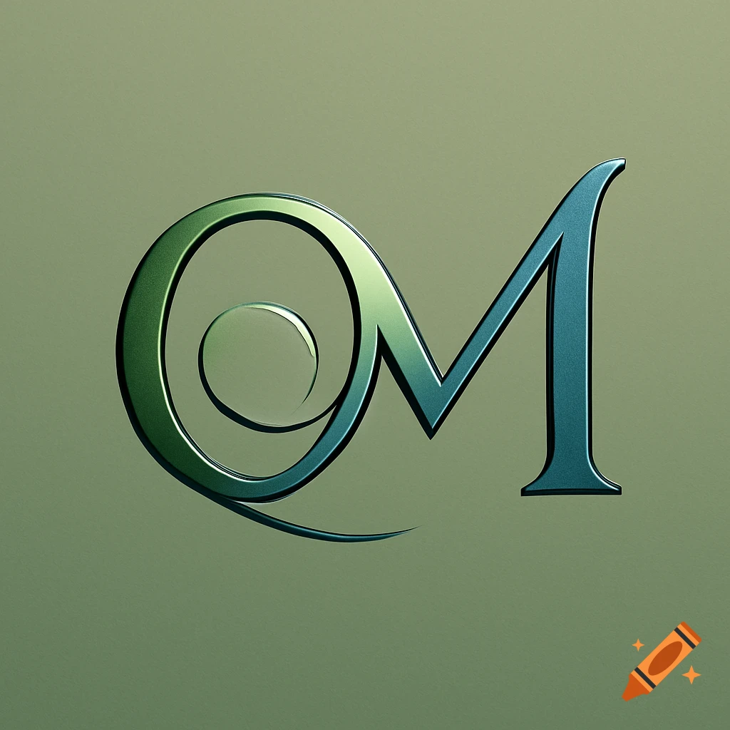 A stylized, metallic logo formed by intertwining the letters 'O' and 'M' in green and blue gradients on a muted green background.
