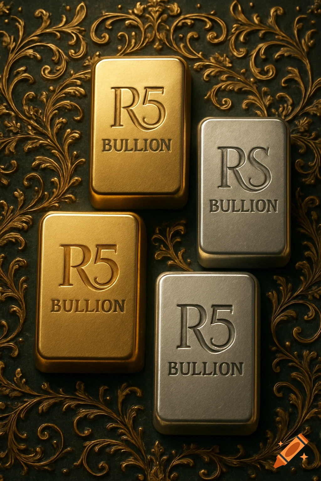 Four rectangular bullion bars, two gold and two silver, each embossed with 'R5 BULLION', set against a dark, ornate gold-patterned background.