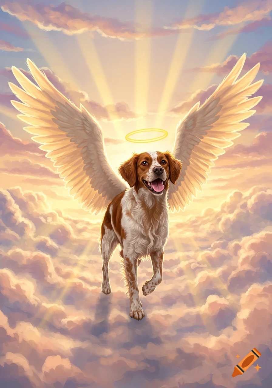 A happy Brittany dog with white wings and a golden halo floats in a heavenly sky with sunlit clouds, digital painting.