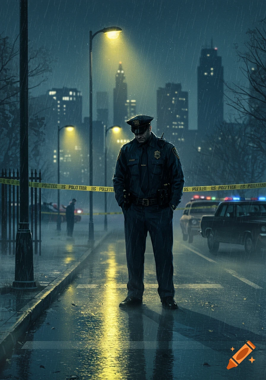 A lone police officer stands solemnly in the rain at a city crime scene at night, illuminated by streetlights and flashing police lights.