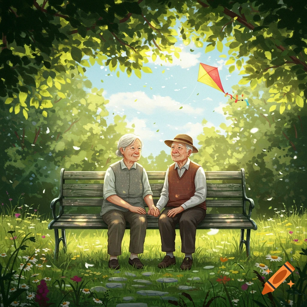 An elderly couple sits on a park bench holding hands, under a tree with a kite flying in the sky in an illustration style.