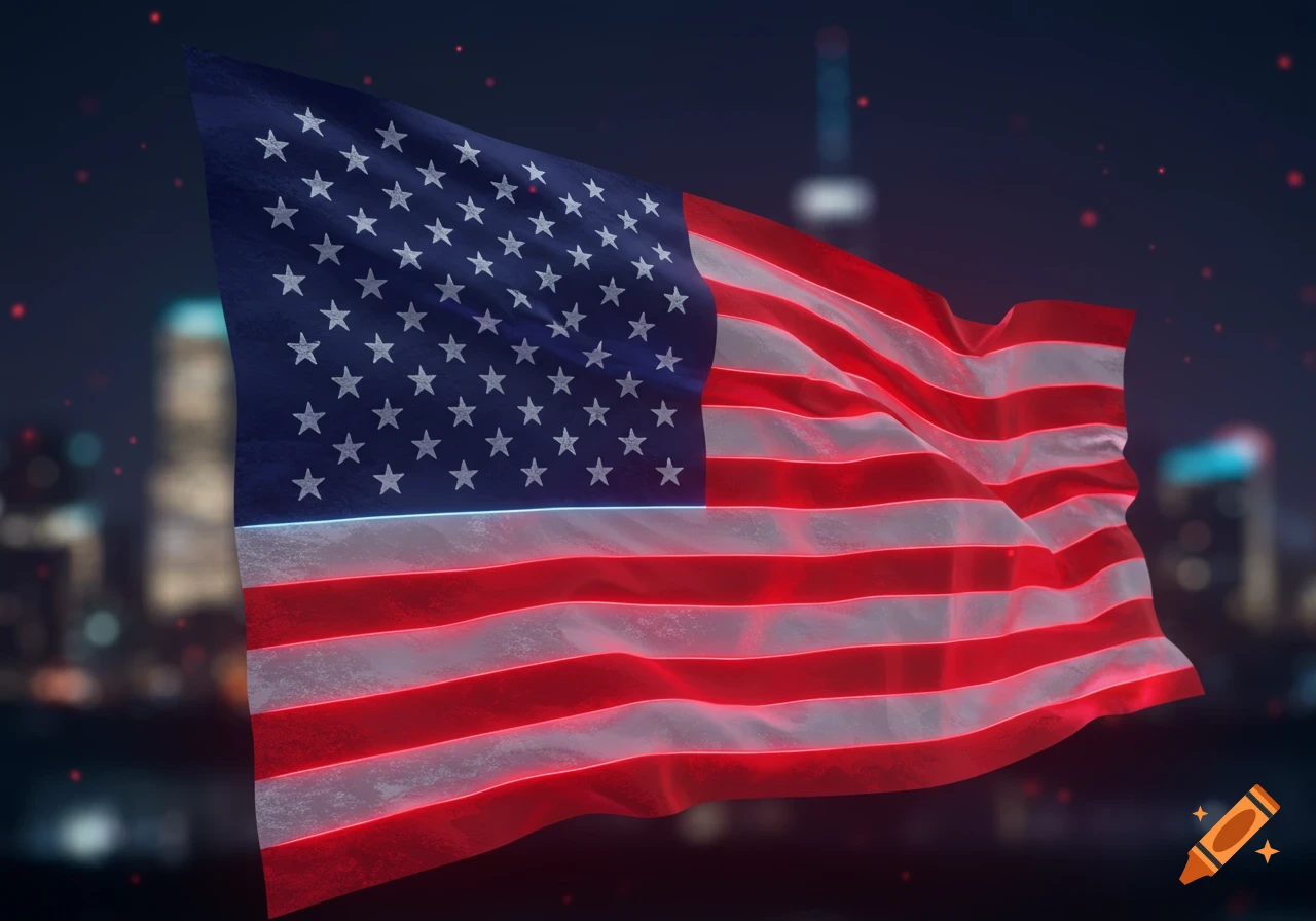 A futuristic American flag with neon red and silver stripes waves against a blurry dark cityscape.