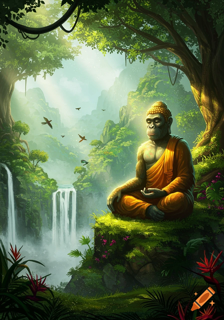 A sapient ape in orange robes meditates on a mossy cliff in a vibrant jungle with waterfalls and distant mountains.
