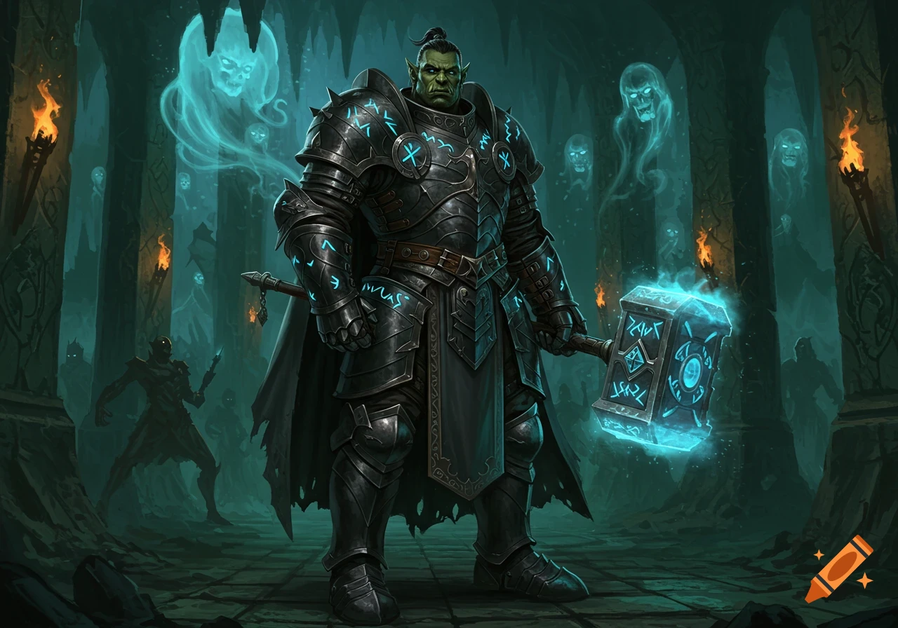 A muscular green orc paladin in black runic armor holds a glowing blue hammer in a dark, spectral dungeon.