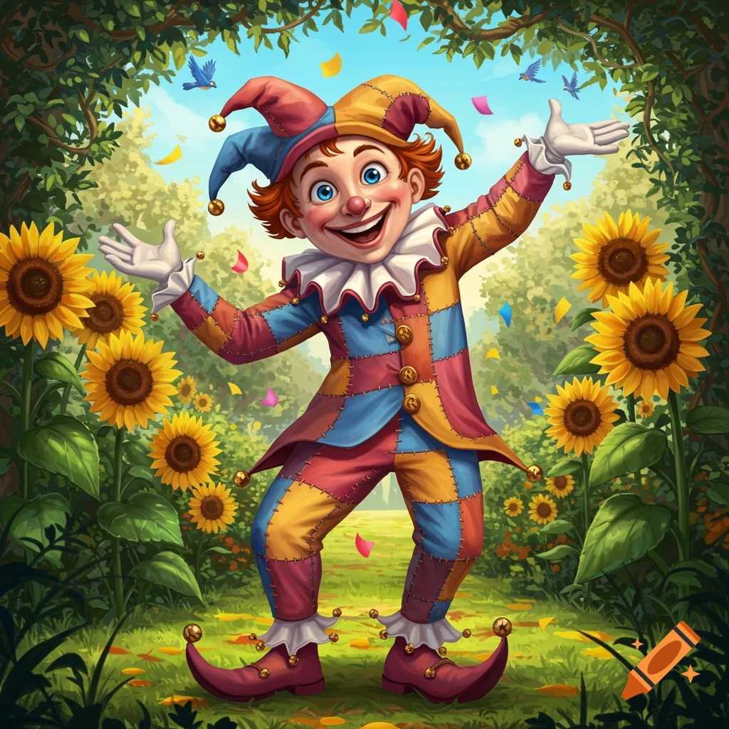 A cheerful jester in a colorful patchwork costume and pointy hat smiles with arms open, surrounded by sunflowers and confetti in a forest.