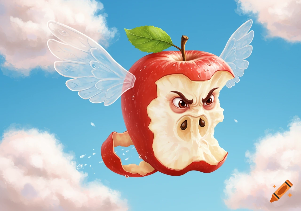 A cartoon angry half-eaten red apple with translucent fairy wings flies against a blue sky with fluffy clouds.