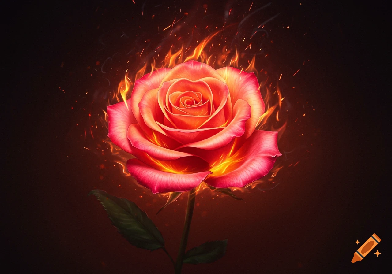 A vivid red rose with glowing petals and fiery orange flames emanating from it, set against a dark, smoky background.
