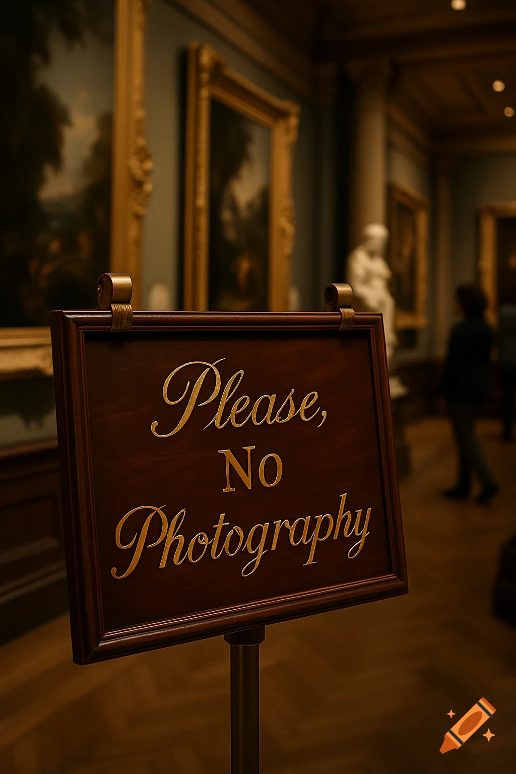 A brown wooden sign with gold lettering reading 'Please, No Photography' in an art museum.