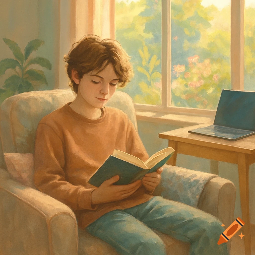 A serene teenager reads a book in a sunlit armchair by a window, with a laptop on a table nearby, in a cozy, painterly illustration.