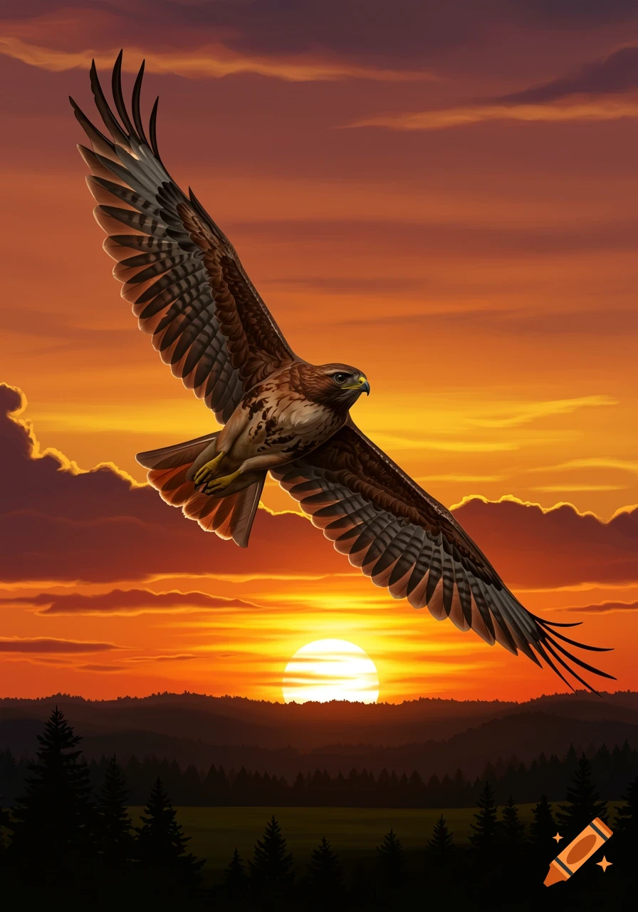 A red-tailed hawk flies over a silhouetted forest against a vibrant orange and yellow sunset.