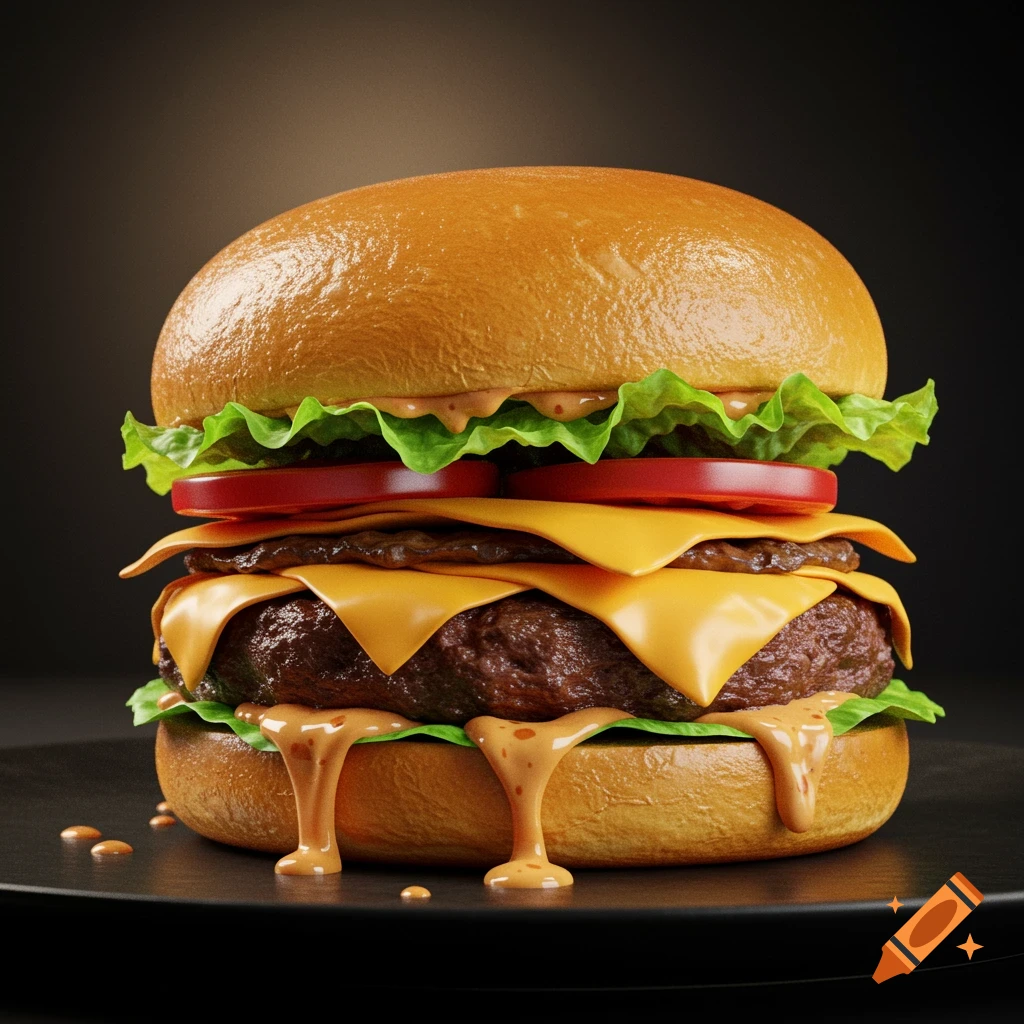 A close-up, photorealistic image of a double cheeseburger with lettuce, tomato, and sauce dripping.