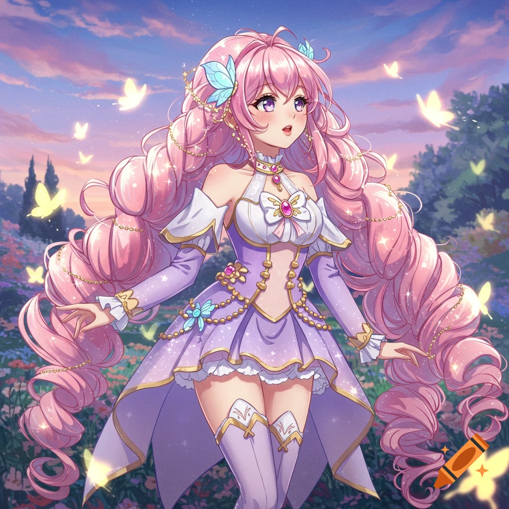 An anime girl with long, curly pink hair in a purple dress stands in a flower field with glowing butterflies at sunset.