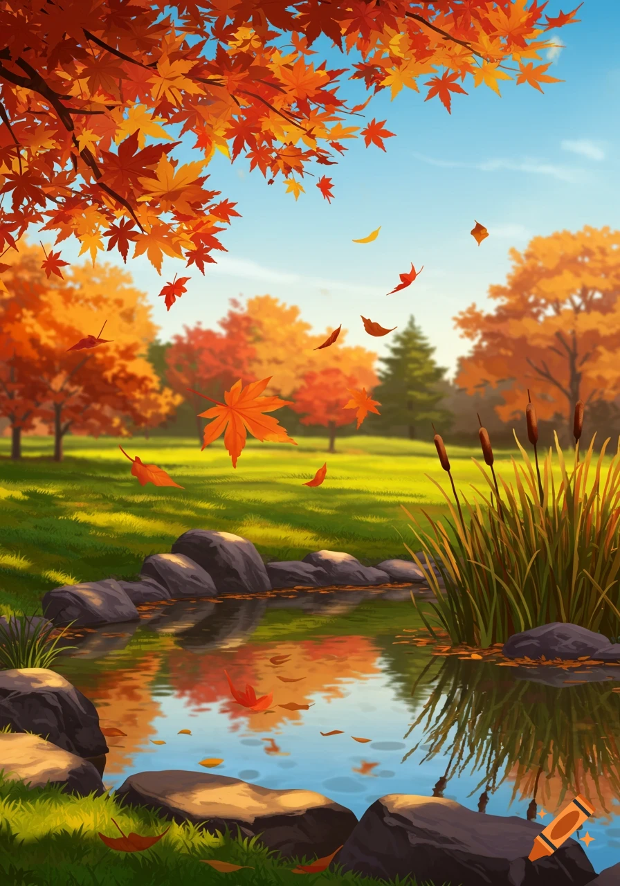 A vibrant autumn landscape with red and orange maple leaves falling into a calm pond, surrounded by green grass and trees.