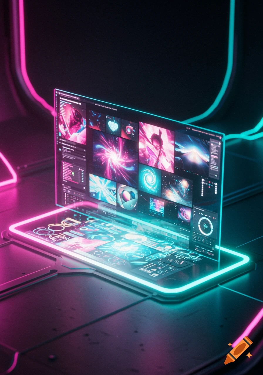 A futuristic glowing laptop displays abstract digital art and user interface elements on a translucent screen, surrounded by neon pink and cyan lights.