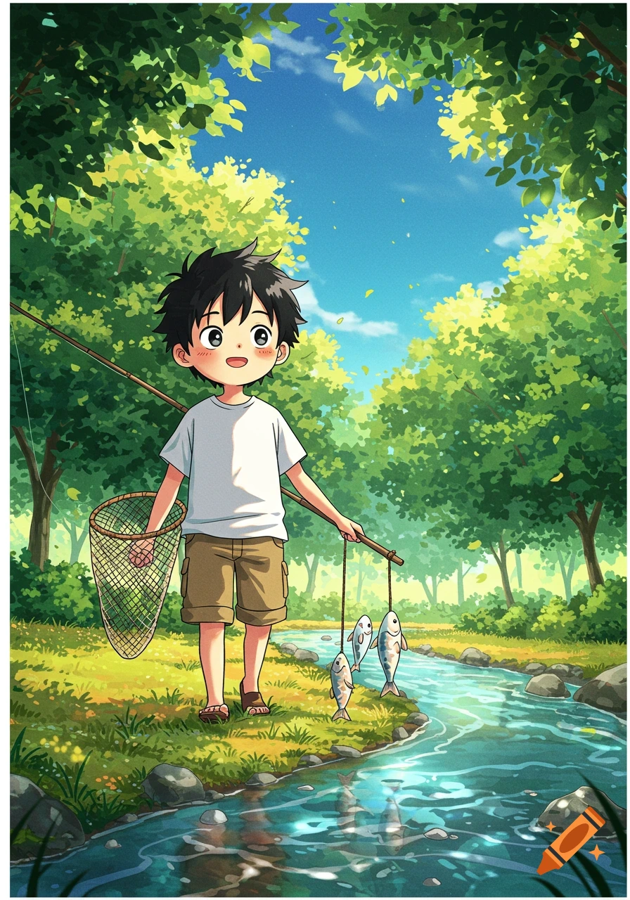 An anime boy with dark hair smiles, holding a fishing rod with three fish and a net, standing by a clear creek in a sunny, green forest.