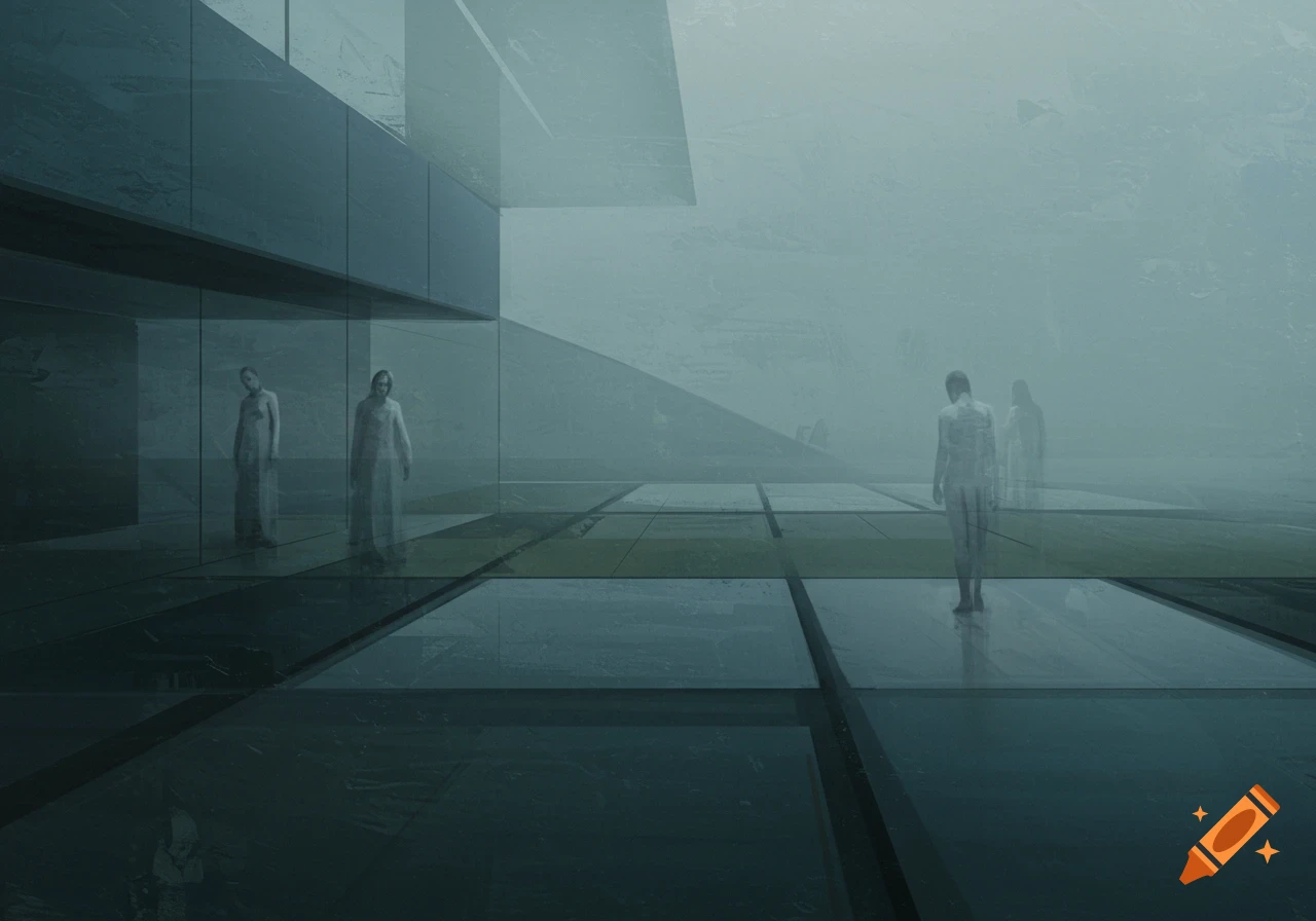 Moody abstract painting with translucent, ghostlike figures within geometric architecture in shades of blue, green, and gray, with foggy light.