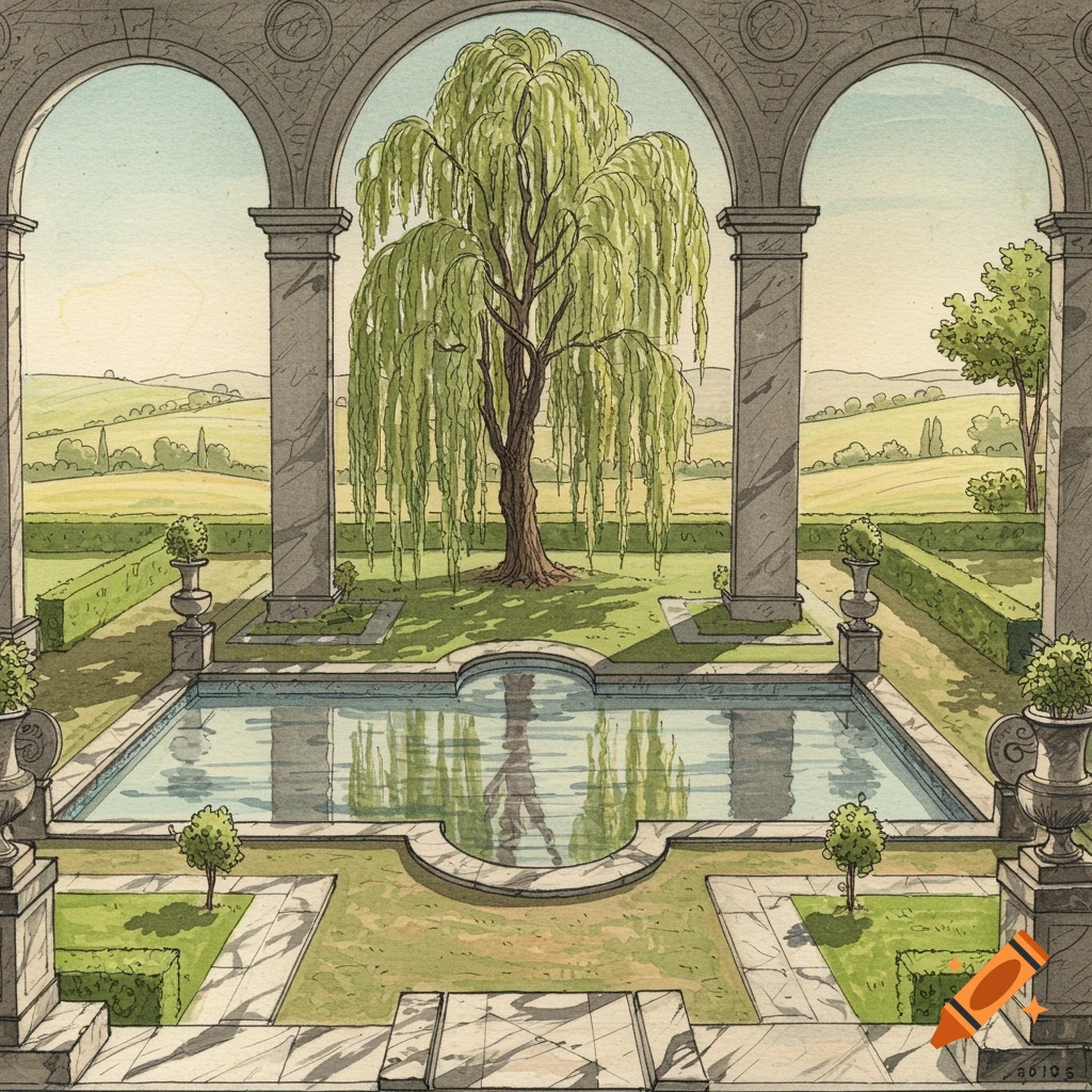 An architectural sketch depicting an Italian garden with a large willow tree and a reflective rectangular pond, framed by stone arches.