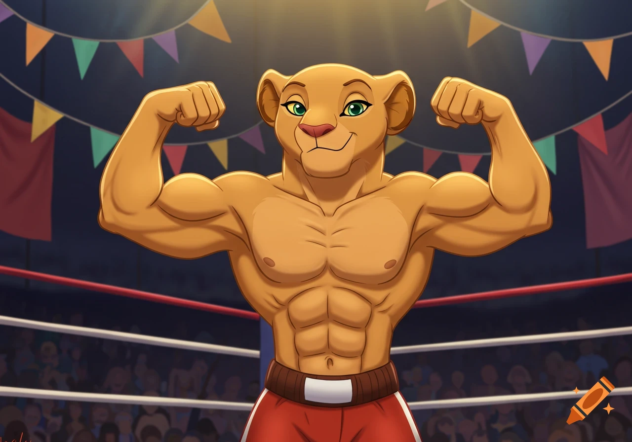 Nala from The Lion King flexing her muscular biceps in a boxing ring, rendered in a 2D animation style.
