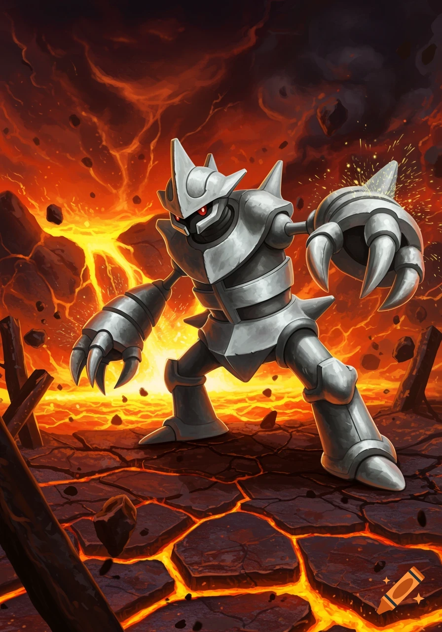 A silver armored robot creature with red eyes and large claws stands on cracked lava ground with a fiery background.