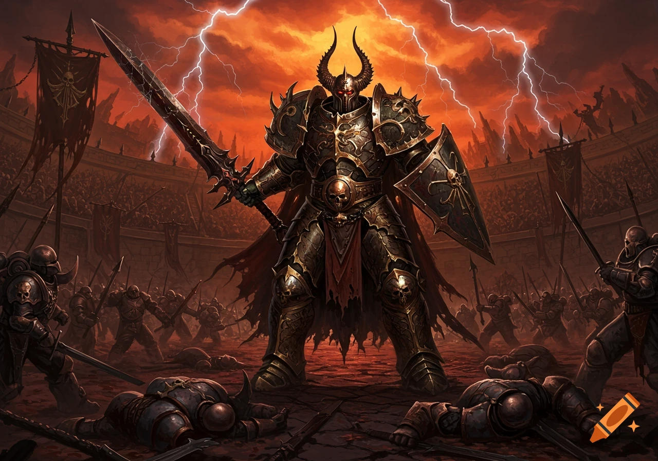 A heavily armored warrior stands victorious in a dark, bloody arena under a lightning-filled, fiery sky, surrounded by fallen foes.