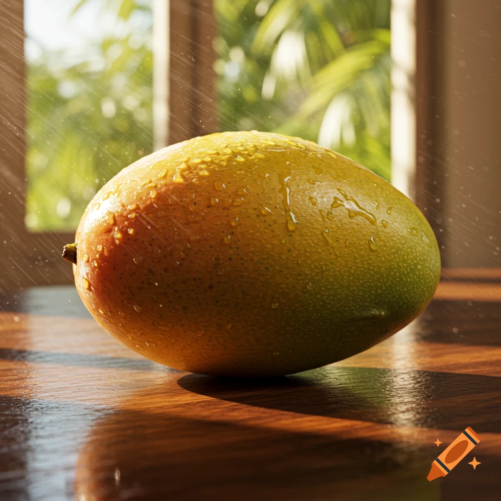 A close-up, photorealistic image of a ripe mango with water droplets on a wooden surface, with a bright window in the background.