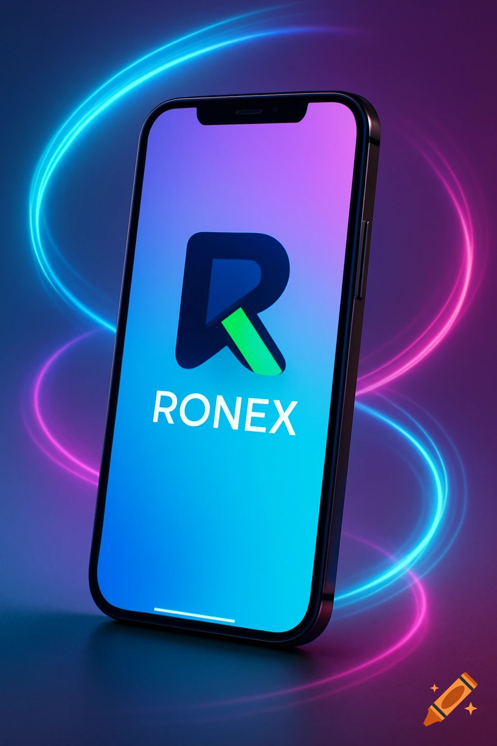 A sleek black smartphone displaying a blue and purple screen with a stylized 'R' logo and the text 'RONEX' surrounded by glowing neon rings.
