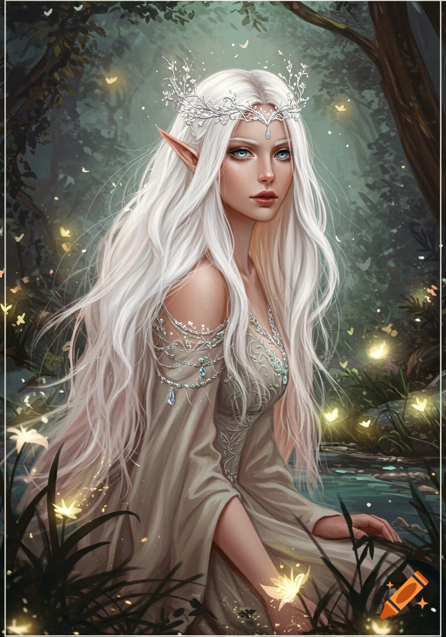 A beautiful white-blonde elf queen with a silver crown and blue eyes in an enchanted forest with glowing lights.